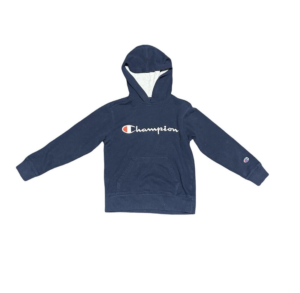 Champion Hoodie Youth Small Navy Blue Script Logo Pullover Sweatshirt Kids